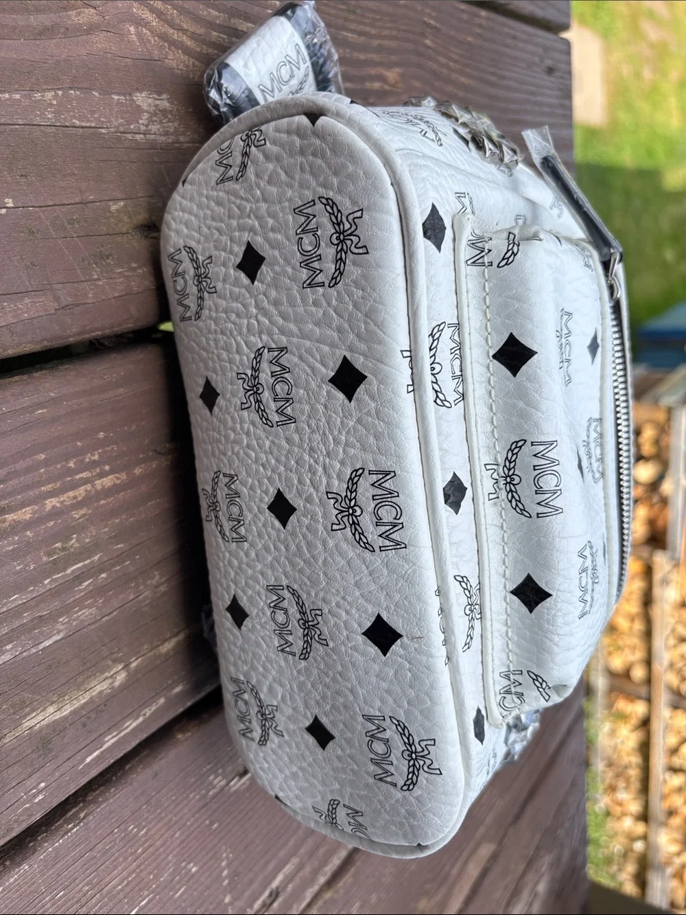 MCM White Visetos Mini Backpack with Black Logo Print and Silver Hardware